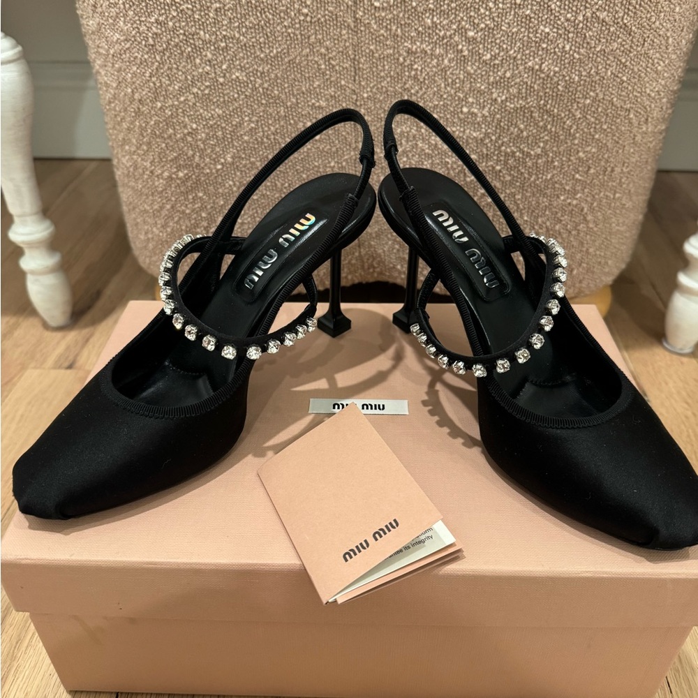 Miu Miu Black Satin Silk Ballet Heels with Crystal